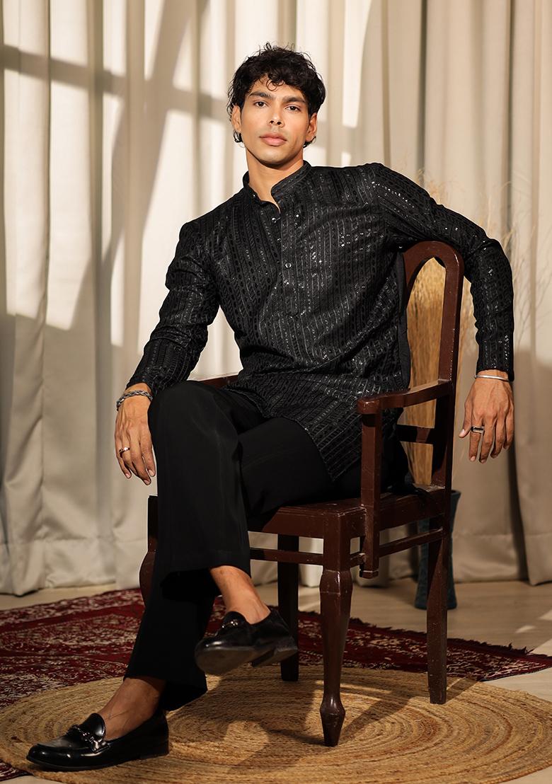 Black Embroidered Silk Blend Kurta Set For Men