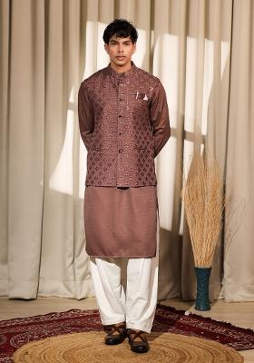 Brown Embroidered Silk Blend Kurta For Men