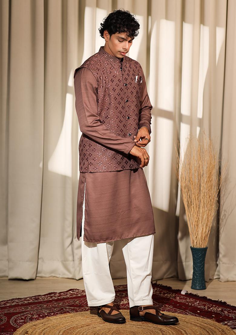 Brown Embroidered Silk Blend Kurta For Men - Indya