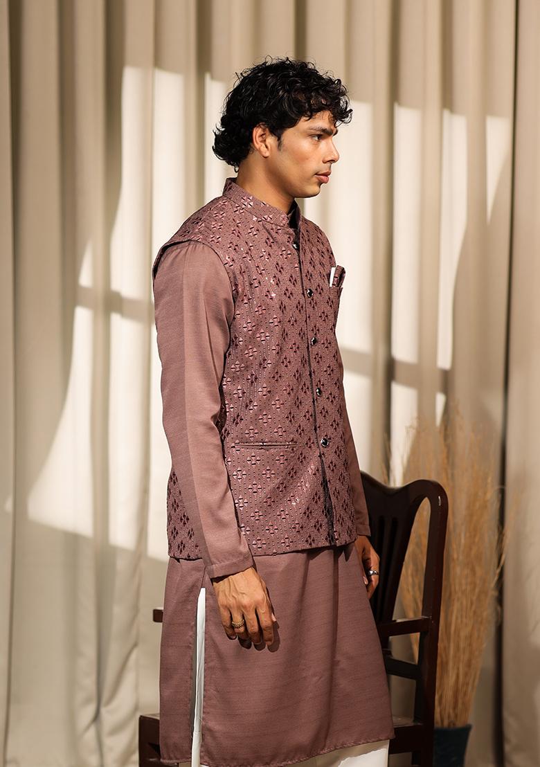 Brown Embroidered Silk Blend Kurta For Men - Indya