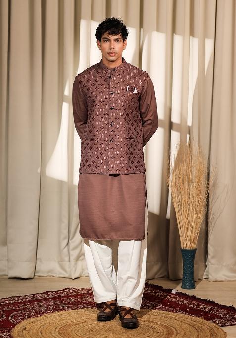Brown Embroidered Silk Blend Kurta For Men