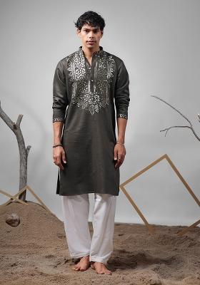 Mehendi Green Embroidered Rolex Silk Kurta For Men