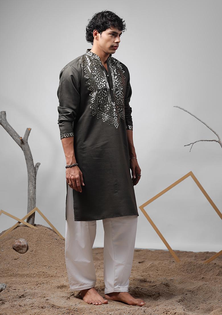 Mehendi Green Embroidered Rolex Silk Kurta For Men