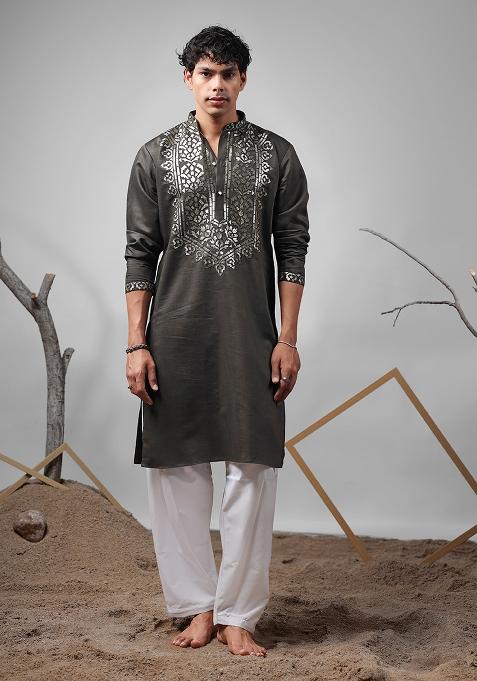 Mehendi Green Embroidered Rolex Silk Kurta For Men