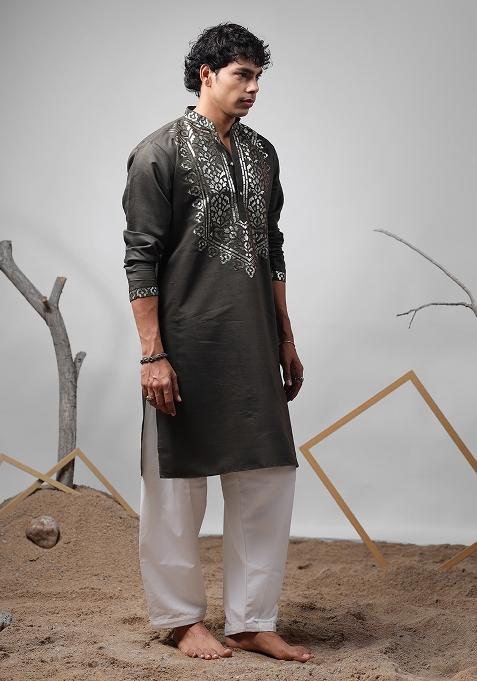 Mehendi Green Embroidered Rolex Silk Kurta For Men