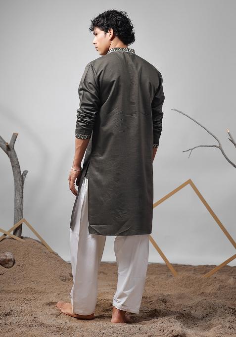 Mehendi Green Embroidered Rolex Silk Kurta For Men