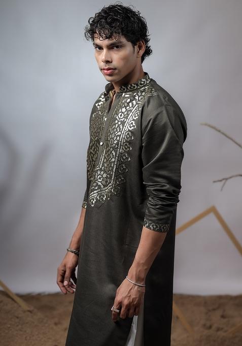 Mehendi Green Embroidered Rolex Silk Kurta For Men