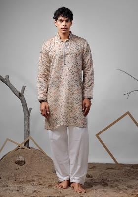Cream Printed Modal Silk Kurta For Men