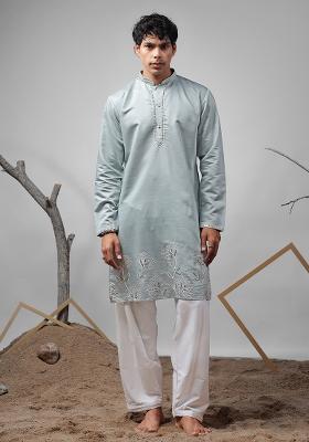 Baby Blue Embroidered Rolex Silk Kurta For Men