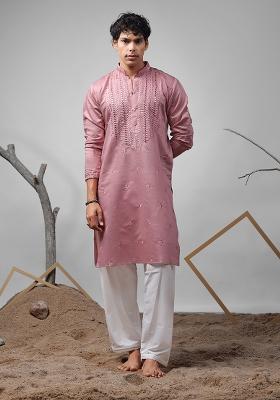Pink Embroidered Rolex Silk Kurta For Men