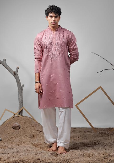 Pink Embroidered Rolex Silk Kurta For Men