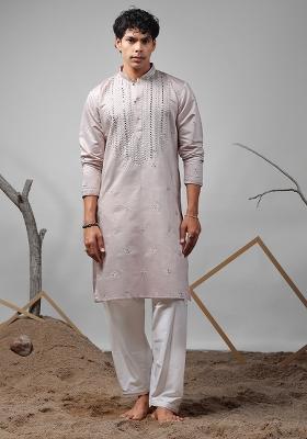 Pinkish Grey Embroidered Rolex Silk Kurta For Men