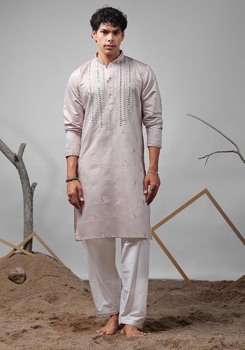 Pinkish Grey Embroidered Rolex Silk Kurta For Men
