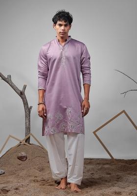 Lavender Embroidered Rolex Silk Kurta For Men