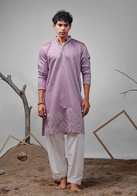 Lavender Embroidered Rolex Silk Kurta For Men