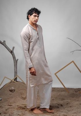 Brownish Grey Embroidered Rolex Silk Kurta For Men