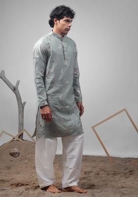 Pastel Green Embroidered Silk Blend Kurta For Men