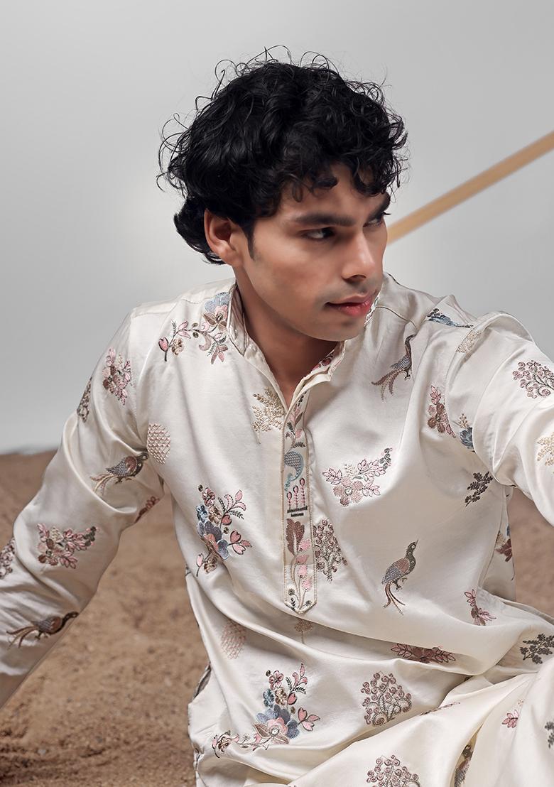 Off White Embroidered Silk Blend Kurta For Men - Indya