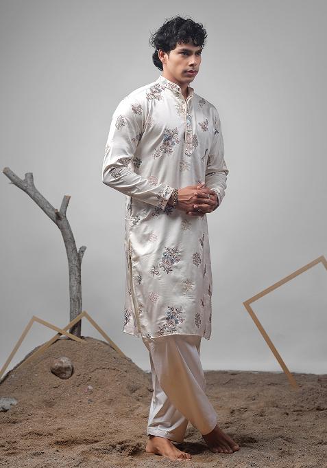 Off White Embroidered Silk Blend Kurta For Men
