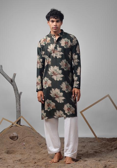 Dark Green Printed Muslin Kurta For Men