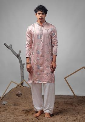 Pink Embroidered Silk Blend Kurta For Men