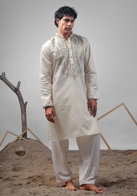 Cream Embroidered Rolex Silk Kurta For Men