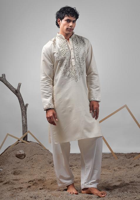 Cream Embroidered Rolex Silk Kurta For Men