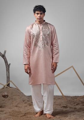 Coral Orange Embroidered Rolex Silk Kurta For Men