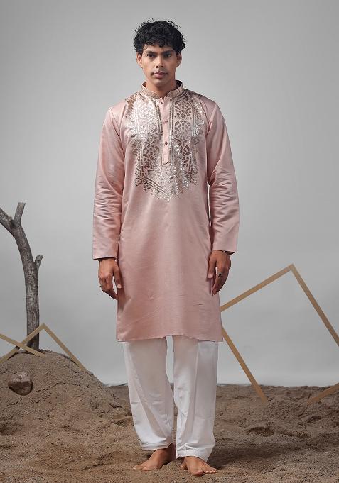 Coral Orange Embroidered Rolex Silk Kurta For Men