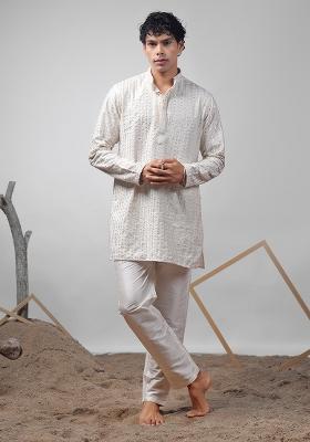 Off White Printed Silk Blend Kurta Set For Men
