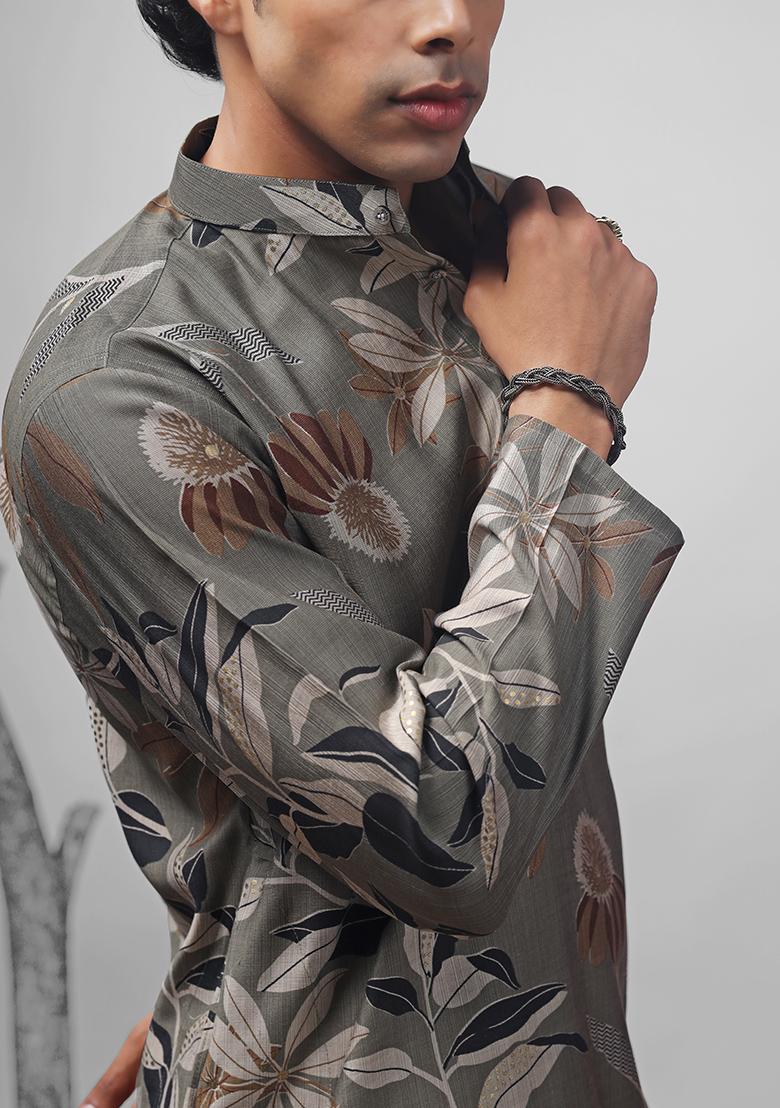 Dusty Green Embroidered Muslin Kurta For Men - Indya