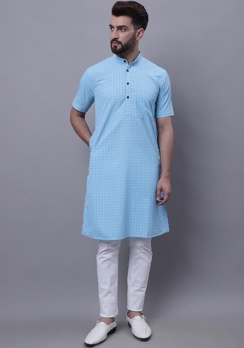 Blue Plain Pure Cotton Kurta For Men