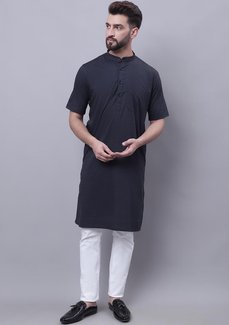 Black Plain Pure Cotton Kurta For Men - Indya