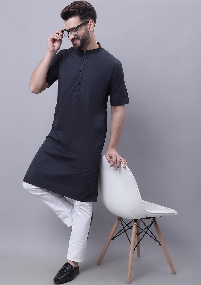 Black Plain Pure Cotton Kurta For Men - Indya