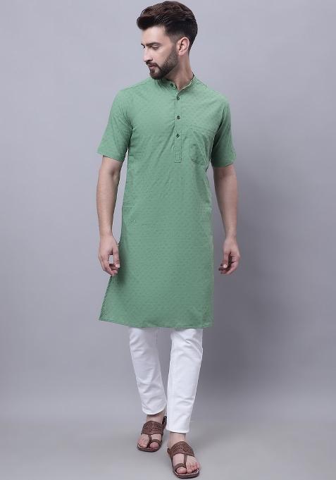 Green Plain Pure Cotton Kurta For Men