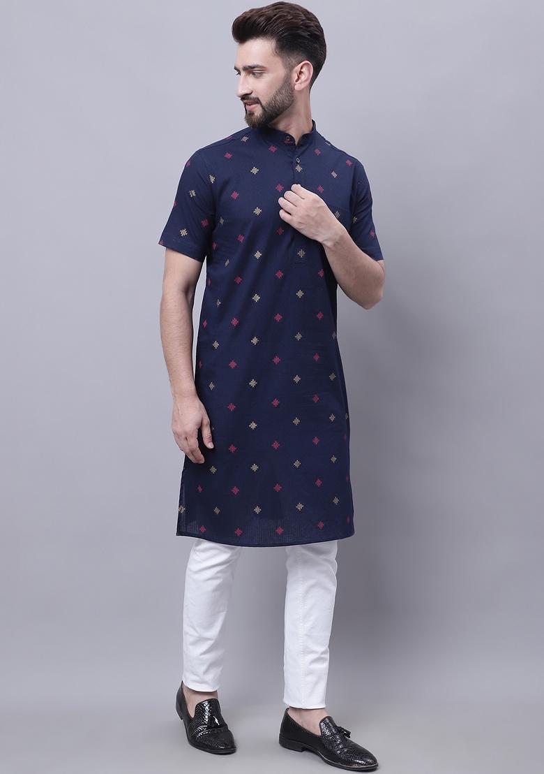 Blue Plain Pure Cotton Kurta For Men - Indya
