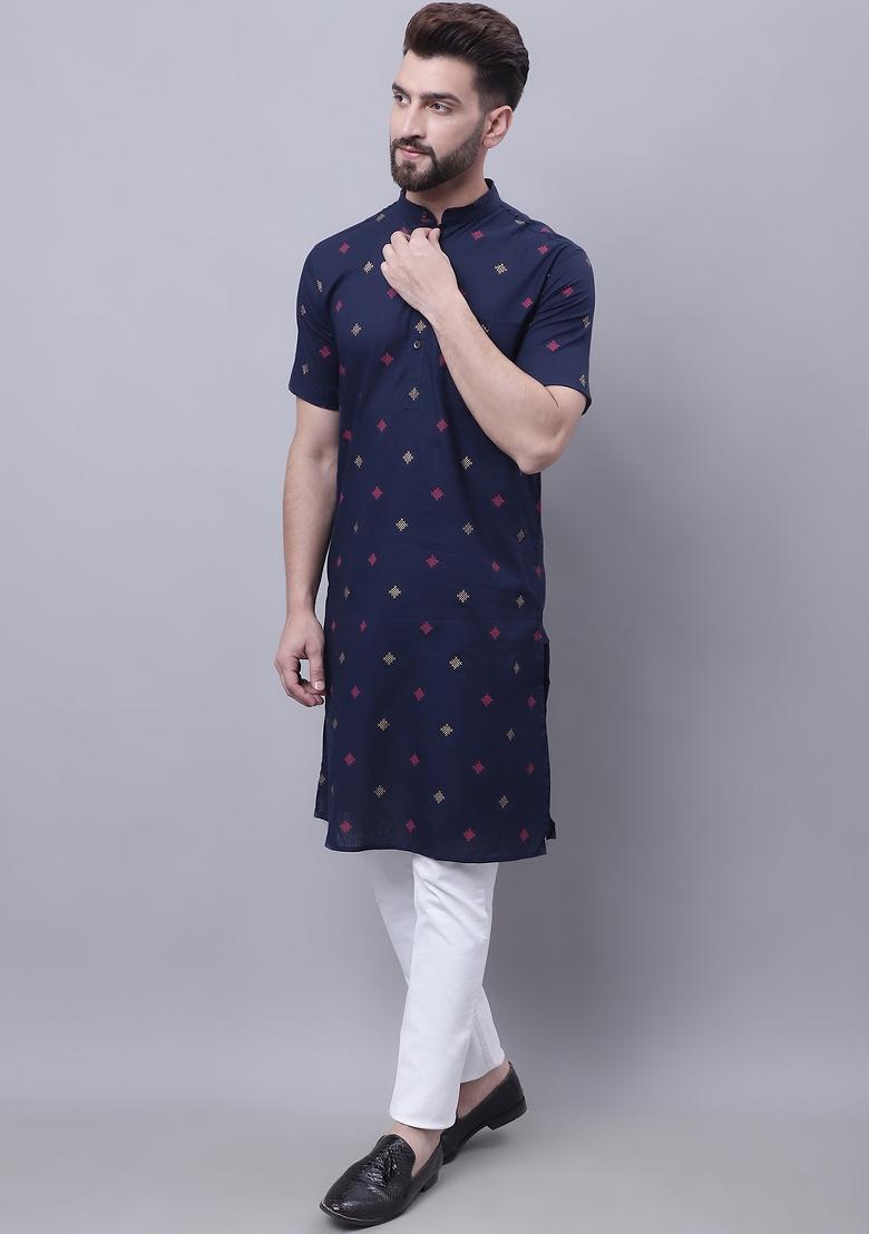 Blue Plain Pure Cotton Kurta For Men - Indya