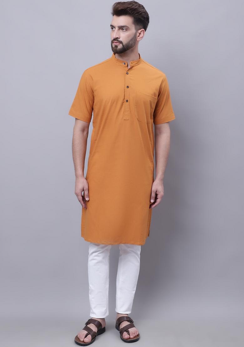 Yellow Plain Pure Cotton Kurta For Men