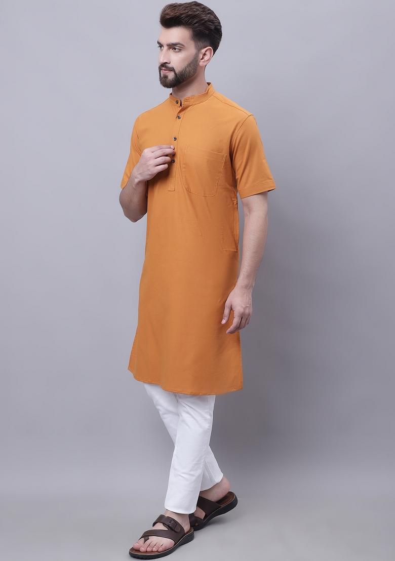 Yellow Plain Pure Cotton Kurta For Men