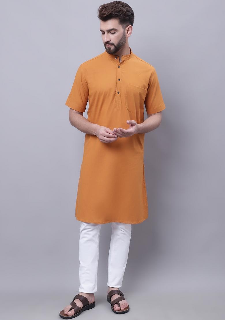 Yellow Plain Pure Cotton Kurta For Men