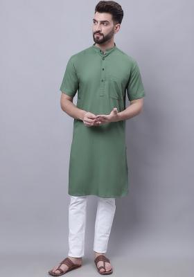 Green Plain Pure Cotton Kurta For Men