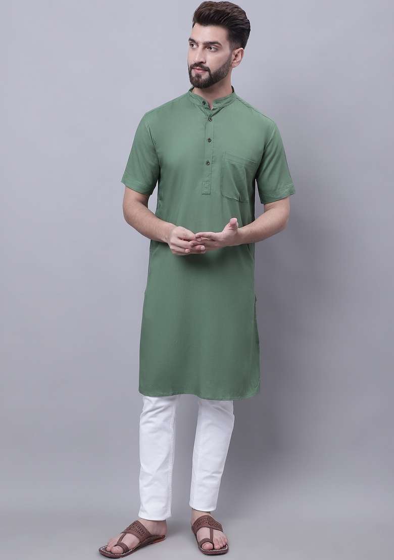 Green Plain Pure Cotton Kurta For Men - Indya