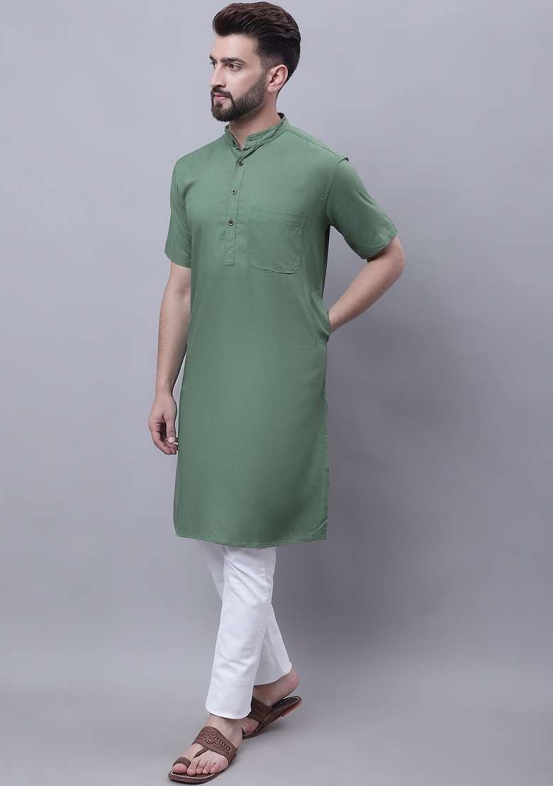 Green Plain Pure Cotton Kurta For Men - Indya