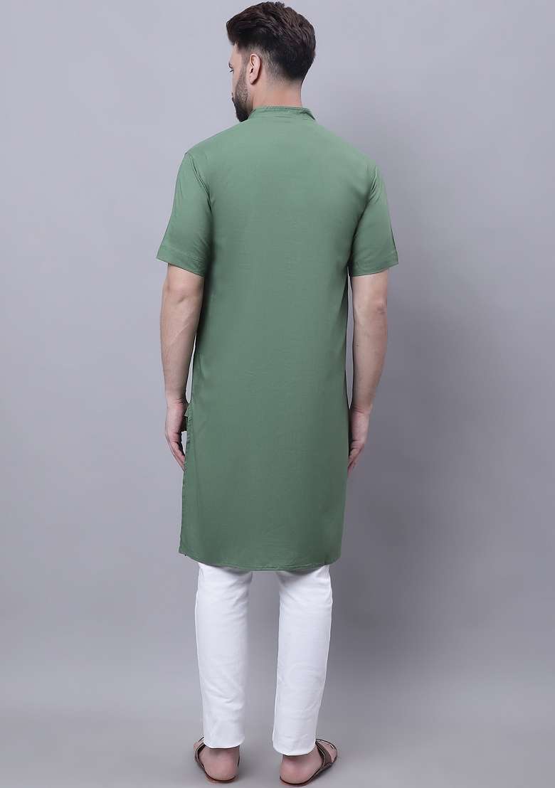 Green Plain Pure Cotton Kurta For Men - Indya