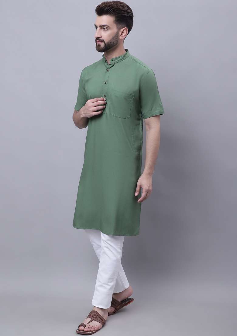 Green Plain Pure Cotton Kurta For Men - Indya