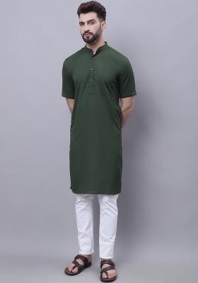 Green Plain Pure Cotton Kurta For Men