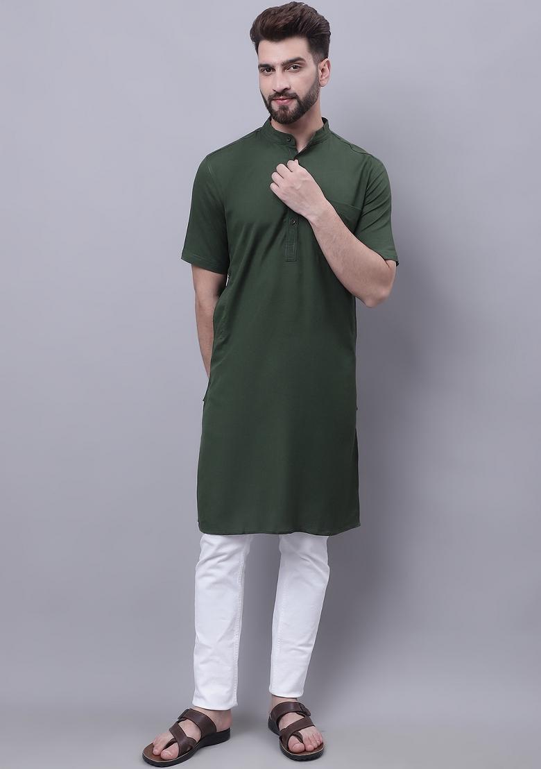 Green Plain Pure Cotton Kurta For Men - Indya