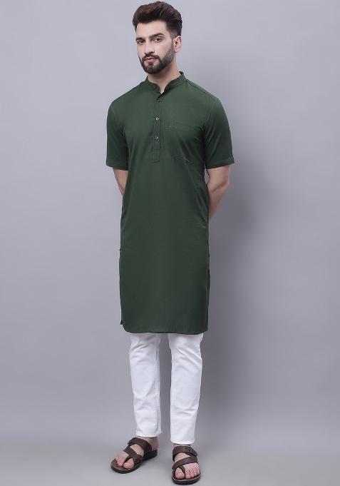 Green Plain Pure Cotton Kurta For Men