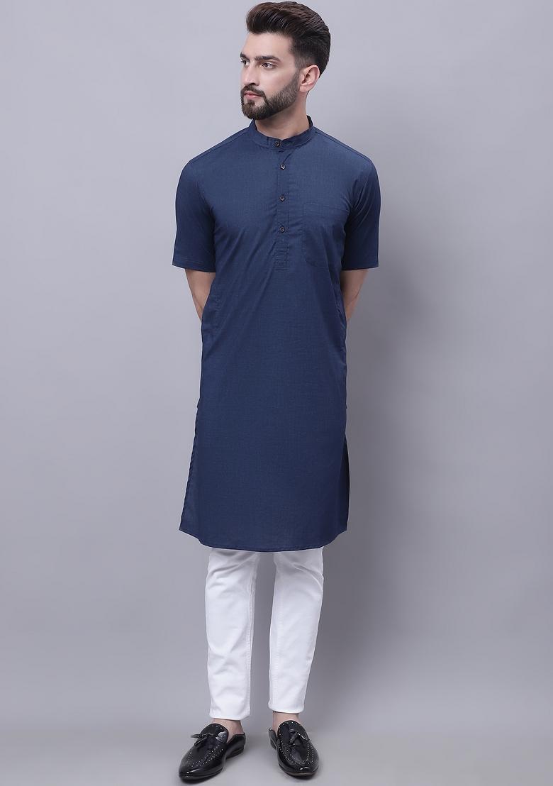 Blue Plain Pure Cotton Kurta For Men