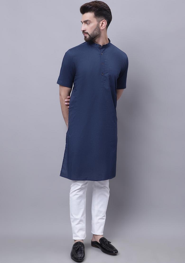 Blue Plain Pure Cotton Kurta For Men